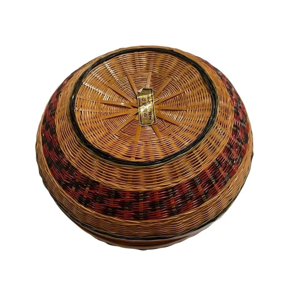 Rare Vintage Chinese Woven Bamboo Lidded Basket Round Storage Decor 7”